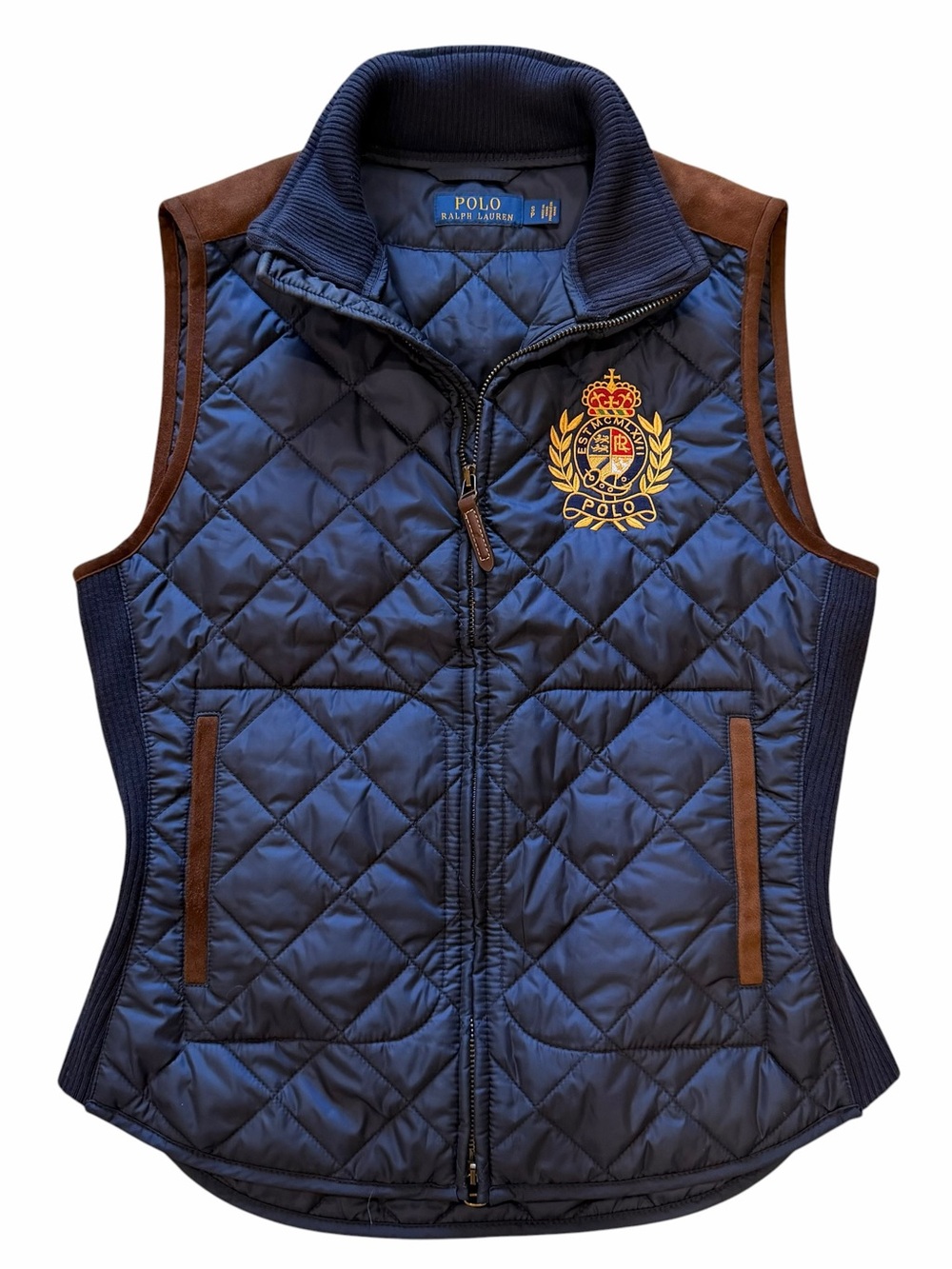 Ralph Lauren Navy Quilted Vest with Brown Trim and Embroidered Crest